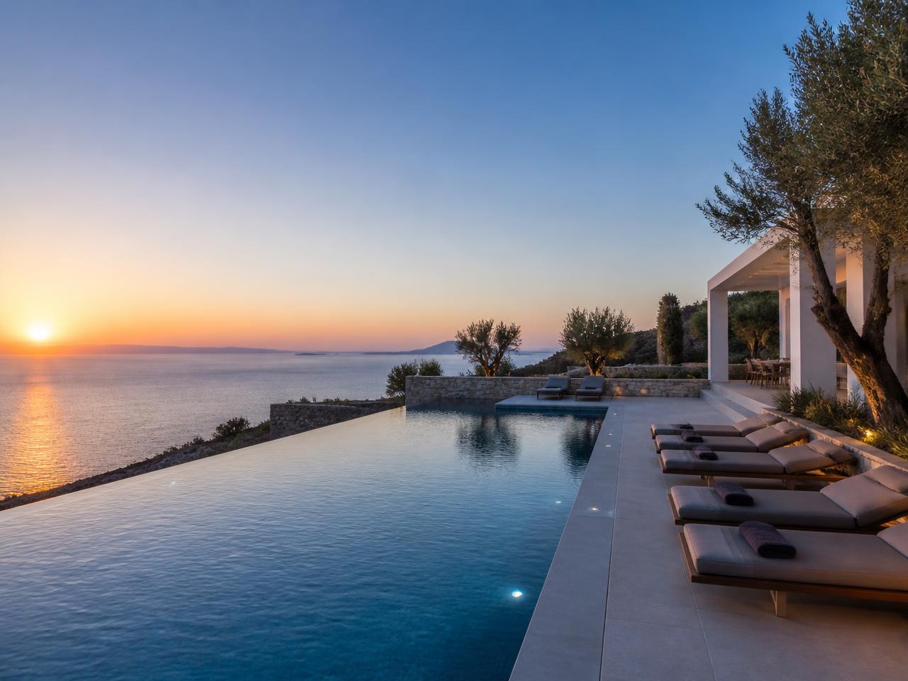 Piscine à débordement au coucher du soleil